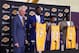 Los Angeles Lakers general manager, Mitch Kupchak, far left, introduces three NBA veterans, Roy Hibbert, 17, Lou Williams, 23, and Brandon Bass, 2, during a news conference in El Segundo, Calif., on Wednesday, July 22, 2015. Hibbert is a two-time NBA All-Star center eager to revitalize his career after seven seasons in Indiana while Williams was the Sixth Man of the Year with Toronto last season. (AP Photo/Greg Beachman)