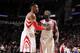HOUSTON, TX - JANUARY 10: Dwight Howard #12 and James Harden #13 of the Houston Rockets are seen against the Indiana Pacers on January 10, 2016 at the Toyota Center in Houston, Texas. NOTE TO USER: User expressly acknowledges and agrees that, by downloading and or using this photograph, User is consenting to the terms and conditions of the Getty Images License Agreement. Mandatory Copyright Notice: Copyright 2016 NBAE (Photo by Bill Baptist/NBAE via Getty Images)