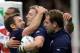 Greig Laidlaw (left) celebrates Finn Russell's (centre) score against Japan during the World Cup