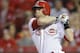 Cincinnati Reds' Devin Mesoraco watches his double that drove in the winning run in the ninth inning of a baseball game against the Atlanta Braves, Tuesday, May 12, 2015, in Cincinnati. The Reds won 4-3. (AP Photo/John Minchillo)