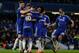 Chelsea's Belgian midfielder Eden Hazard (3rd L) celebrates with teammates after scoring their fourth goal during the English FA Cup fifth round football match between Chelsea and Manchester City at Stamford Bridge in London on February 21, 2016. / AFP / ADRIAN DENNIS / RESTRICTED TO EDITORIAL USE. No use with unauthorized audio, video, data, fixture lists, club/league logos or 'live' services. Online in-match use limited to 75 images, no video emulation. No use in betting, games or single club/league/player publications. / (Photo credit should read ADRIAN DENNIS/AFP/Getty Images)