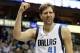Dallas Mavericks' Dirk Nowitzki of Germany celebrates a basket against Utah Jazz during an NBA basketball game, Tuesday, Feb. 9, 2016, in Dallas. (AP Photo/Tony Gutierrez)