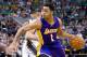Jan 16, 2016; Salt Lake City, UT, USA; Los Angeles Lakers guard D'Angelo Russell (1) dribbles the ball during the second half against the Utah Jazz at Vivint Smart Home Arena. The Jazz won 109-82. Mandatory Credit: Russ Isabella-USA TODAY Sports