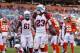 Arizona Cardinals running back Chris Johnson (23) celebrates an apparent touchdown against the Cleveland Browns but the play was called back due to a penalty during an NFL football game Sunday, Nov. 1, 2015, in Cleveland. Arizona won 34-20. (Jeff Haynes/AP Images for Panini)