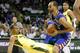 Baylor's Lester Medford is knocked backwards defending against Kansas forward Perry Ellis as Ellis positions for a shot in the first half of an NCAA college basketball game, Tuesday, Feb. 23, 2016, in Waco, Texas. (AP Photo/Tony Gutierrez)