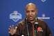 Cleveland Browns head coach Hue Jackson speaks during a press conference at the NFL football scouting combine in Indianapolis, Wednesday, Feb. 24, 2016. (AP Photo/Michael Conroy)