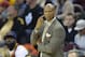 Feb 10, 2016; Cleveland, OH, USA; Los Angeles Lakers head coach Byron Scott reacts in the second quarter against the Cleveland Cavaliers at Quicken Loans Arena. Mandatory Credit: David Richard-USA TODAY Sports