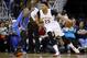 New Orleans Pelicans forward Anthony Davis (23) drives against Oklahoma City Thunder forward Serge Ibaka (9) during the second half of an NBA basketball game Thursday, Feb. 25, 2016, in New Orleans. The Pelicans won 123-119. (AP Photo/Jonathan Bachman)