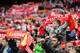 LONDON, ENGLAND - APRIL 19: Liverpool fans show their colours during the FA Cup Semi Final between Aston Villa and Liverpool at Wembley Stadium on April 19, 2015 in London, England. (Photo by Jamie McDonald/Getty Images)