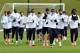 The Manchester City squad take part in a training session in Manchester on February 26, 2016, ahead of the English League Cup Final against Liverpool at Wembley Stadium on Sunday February 28, 2016. AFP PHOTO/PAUL ELLIS / AFP / PAUL ELLIS / RESTRICTED TO EDITORIAL USE. No use with unauthorized audio, video, data, fixture lists, club/league logos or 'live' services. Online in-match use limited to 75 images, no video emulation. No use in betting, games or single club/league/player publications. / (Photo credit should read PAUL ELLIS/AFP/Getty Images)