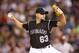 Colorado Rockies relief pitcher Rafael Betancourt (63) works against the Cincinnati Reds in the ninth inning of a baseball game Saturday, July 25, 2015, in Denver. Cincinnati won 5-2. (AP Photo/David Zalubowski)