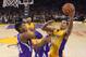 Los Angeles Lakers guard Jabari Brown, right, shoots as Sacramento Kings forward Jason Thompson defends during the second half of an NBA basketball game, Wednesday, April 15, 2015, in Los Angeles. The Kings won 122-99. (AP Photo/Mark J. Terrill)