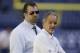 FILE - In this Sept. 28, 2014, file phot,o Indianapolis Colts general manager Ryan Grigson, left, and head coach Chuck Pagano walk on the field before an NFL football game against the Tennessee Titans in Indianapolis. Pagano’s contract is about to expire after turning down a one-year extension during the offseason, while Grigson has a year remaining himself. Owner Jim Irsay may not be able to stop himself from chasing a new coach to get him back to the Super Bowl. (AP Photo/Darron Cummings, File)