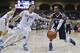 San Diego guard Tyler Williams cuts off the drive of Gonzaga guard Eric McClellan during the first half of an NCAA college basketball game Thursday, Feb. 25, 2016, in San Diego. (AP Photo/Lenny Ignelzi)