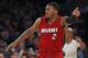 Miami Heat forward Joe Johnson, playing in his first game with the Heat, gestures as he runs down court in the second half of an NBA basketball game against the New York Knicks at Madison Square Garden in New York, Sunday, Feb. 28, 2016. Johnson had 12 points as the Heat defeated the Knicks 98-81. (AP Photo/Kathy Willens)