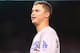 ANAHEIM, CA - SEPTEMBER 07: Base runner Joc Pederson #31 of the Los Angeles Dodgers jokes with teammates as he waits on first during a pitching change in the game against the Los Angeles Angels of Anaheim at Angel Stadium of Anaheim on September 7, 2015 in Anaheim, California. (Photo by Stephen Dunn/Getty Images)
