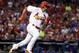 St. Louis Cardinals' Kolten Wong runs for a double during the second inning of Game 1 of baseball's National League Division Series against the Chicago Cubs, Friday, Oct. 9, 2015, in in St. Louis. (AP Photo/Jeff Roberson)