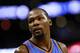 Oklahoma City Thunder forward Kevin Durant reacts during the second half of an NBA basketball game against the New Orleans Pelicans Thursday, Feb. 25, 2016, in New Orleans. The Pelicans won 123-119. (AP Photo/Jonathan Bachman)