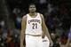 Cleveland Cavaliers' Andrew Bynum before an NBA basketball game against the Detroit Pistons Monday, Dec. 23, 2013, in Cleveland. (AP Photo/Mark Duncan)