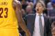 TORONTO, ON - FEBRUARY 26: Head coach Tyronn Lue of the Cleveland Cavaliers makes a point to LeBron James #23 during action against the Toronto Raptors in an NBA game at the Air Canada Centre on February 26, 2016 in Toronto, Ontario, Canada. The Raptors defeated the Cavaliers 99-97. NOTE TO USER: user expressly acknowleges and agrees by downloading and/or using this Photograph, user is consenting to the terms and conditions of the Getty Images License Agreement. (Photoby Claus Andersen/Getty Images)