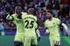 Manchester City's Yaya Toure, left, celebrates with teammates Fernandinho, center, and Gael Clichy, right, after scoring his side third goal during the Champions League round of 16 first leg soccer match between Dynamo Kiev and Manchester City at the Olympiyskiy stadium in Kiev, Ukraine, Wednesday, Feb. 24, 2016. (AP Photo/Sergei Chuzavkov)