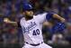 Kansas City Royals relief pitcher Kelvin Herrera throws during the seventh inning in Game 1 of baseball's American League Division Series against the Houston Astros, Thursday, Oct. 8, 2015, in Kansas City, Mo. (AP Photo/Orlin Wagner)