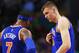 BOSTON, MA - MARCH 04: Kristaps Porzingis #6 of the New York Knicks talks with Carmelo Anthony #7 during the third quarter against the Boston Celtics at TD Garden on March 4, 2016 in Boston, Massachusetts.NOTE TO USER: User expressly acknowledges and agrees that, by downloading and/or using this photograph, user is consenting to the terms and conditions of the Getty Images License Agreement. (Photo by Maddie Meyer/Getty Images)