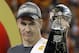 Denver Broncos’ Peyton Manning holds up the trophy after the NFL Super Bowl 50 football game Sunday, Feb. 7, 2016, in Santa Clara, Calif. The Broncos won 24-10. (AP Photo/Julie Jacobson)