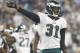 Philadelphia Eagles' Byron Maxwell (31) reacts after a play against the Carolina Panthers in the first half of an NFL football game in Charlotte, N.C., Sunday, Oct. 25, 2015. (AP Photo/Bob Leverone)
