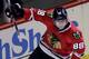 Chicago Blackhawks right wing Patrick Kane celebrates after scoring his goal during the first period of an NHL hockey game against the Detroit Red Wings Sunday, March 6, 2016, in Chicago. (AP Photo/Nam Y. Huh)