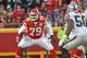 KANSAS CITY, MO - JANUARY 03: Offensive linemen Donald Stephenson #79 of the Kansas City Chiefs gets set on the line against the Oakland Raiders during the first half on January 3, 2016 at Arrowhead Stadium in Kansas City, Missouri. (Photo by Peter G. Aiken/Getty Images)