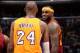 LOS ANGELES, CA - JANUARY 15: Kobe Bryant #24 of the Los Angeles Lakers and LeBron James #23 of the Cleveland Cavaliers speak during a game on January 15, 2015 at Staples Center in Los Angeles, California. NOTE TO USER: User expressly acknowledges and agrees that, by downloading and or using this Photograph, user is consenting to the terms and conditions of the Getty Images License Agreement. Mandatory Copyright Notice: Copyright 2015 NBAE (Photo by Andrew D. Bernstein/NBAE via Getty Images)
