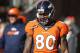Denver Broncos tight end Vernon Davis watches during warm ups before an NFL football divisional playoff game against the Pittsburgh Steelers, Sunday, Jan. 17, 2016, in Denver. (AP Photo/David Zalubowski)