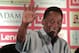 Brazilian football legend Pele greets the audience as he attends a press conference in Kolkata, India, Monday, Oct. 12, 2015. Pele is in Kolkata during a three-day visit and will also fly to the national capital New Delhi to attend the Subroto Cup 2015 football final match, according to local reports. (AP Photo/Bikas Das)