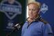 Denver Broncos general manager John Elway listens to a question during a news conference at the NFL football scouting combine Thursday, Feb. 25, 2016, in Indianapolis. (AP Photo/Darron Cummings)