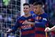 Barcelona's Argentinian forward Lionel Messi (L) and Barcelona's Brazilian forward Neymar celebrate an Getafe's own goal during the Spanish league football match FC Barcelona vs Getafe CF at the Camp Nou stadium in Barcelona on March 12, 2016. / AFP / LLUIS GENE (Photo credit should read LLUIS GENE/AFP/Getty Images)