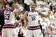 Texas A&M's Jalen Jones (12) reacts with teammate Danuel Jones (23) as timeout is called against Vanderbilt during the second half of an NCAA college basketball game, Saturday, March 5, 2016, in College Station, Texas. Texas A&M won 76-67. (AP Photo/Sam Craft)