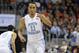 Mar 12, 2016; Washington, DC, USA; North Carolina Tar Heels forward Brice Johnson (11) points to his bench after scoring in the first half dV| uring the championship game of the ACC conference tournament at Verizon Center. Mandatory Credit: Tommy Gilligan-USA TODAY Sports