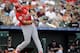 St. Louis Cardinals' Jhonny Peralta singles during the first inning of an exhibition spring training baseball game against the Miami Marlins Saturday, March 5, 2016, in Jupiter, Fla. (AP Photo/Jeff Roberson)