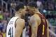 Utah Jazz forward Trey Lyles (41) and Cleveland Cavaliers forward Channing Frye (9) go head to head during a altercation during the second half of an NBA basketball game Tuesday, March 15, 2016, in Salt Lake City. They were both ejected from the game. The Jazz won 94-85. (AP Photo/Rick Bowmer)