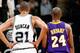 SAN ANTONIO - JANUARY 12: Tim Duncan #21 of the San Antonio Spurs and Kobe Bryant #24 of the Los Angeles Lakers stand together during the game on January 12, 2010 at the AT&T Center in San Antonio, Texas. The Spurs won 105-85. NOTE TO USER: User expressly acknowledges and agrees that, by downloading and/or using this Photograph, user is consenting to the terms and conditions of the Getty Images License Agreement. Mandatory Copyright Notice: Copyright 2010 NBAE (Photo by Chris Covatta/NBAE via Getty Images)