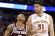 DENVER, CO - MARCH 19: Marcus Johnson Jr. #13 of the Arkansas Little Rock Trojans jokes with Georges Niang #31 of the Iowa State Cyclones on in the first half during the second round of the 2016 NCAA Men's Basketball Tournament at the Pepsi Center on March 19, 2016 in Denver, Colorado. (Photo by Sean M. Haffey/Getty Images)