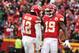 Kansas City Chiefs wide receiver Jeremy Maclin (19) celebrates his touchdown catch with wide receiver Albert Wilson (12) during the first half of an NFL football game against the Cleveland Browns in Kansas City, Mo., Sunday, Dec. 27, 2015. (AP Photo/Charlie Riedel)