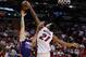 Mar 3, 2016; Miami, FL, USA; Miami Heat center Hassan Whiteside (21) blocks the shot from Phoenix Suns forward Mirza Teletovic (35) during the first half at American Airlines Arena. Mandatory Credit: Steve Mitchell-USA TODAY Sports