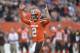 Cleveland Browns quarterback Johnny Manziel celebrates during an NFL football game against the San Francisco 49ers, Sunday, Dec. 13, 2015, in Cleveland. Cleveland won 24-10. (AP Photo/David Richard)