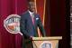 Basketball Hall of Fame inductee Dikembe Mutombo speaks during the enshrinement ceremony for the Class of 2015 of the Naismith Memorial Basketball Hall of Fame in Springfield, Mass., Friday, Sept. 11, 2015. (AP Photo/Charles Krupa)