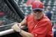 Philadelphia Phillies manager Pete Mackanin watches batting practice before a spring training baseball game against the Atlanta Braves, Thursday, March 24, 2016, in Kissimmee, Fla. (AP Photo/John Raoux)