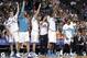 Charlotte Hornets players celebrate a teammate's 3-point basket against the Phoenix Suns in the second half of an NBA basketball game in Charlotte, N.C., Tuesday, March 1, 2016. The Hornets won 126-92. (AP Photo/Chuck Burton)