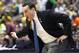 Duke head coach Mike Krzyzewski yells to his team during the first half of an NCAA college basketball game against Oregon in the regional semifinals of the NCAA Tournament, Thursday, March 24, 2016, in Anaheim, Calif. (AP Photo/Mark J. Terrill)