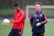 MANCHESTER, ENGLAND - MARCH 09: Louis van Gaal, manager of Manchester Uniited watches Marcus Rashford of Manchester United during a training session ahead of the UEFA Europa League round of 16 first leg match between Liverpool and Manchester United at Aon Training Complex on March 9, 2016 in Manchester, England. (Photo by Dave Thompson/Getty Images)